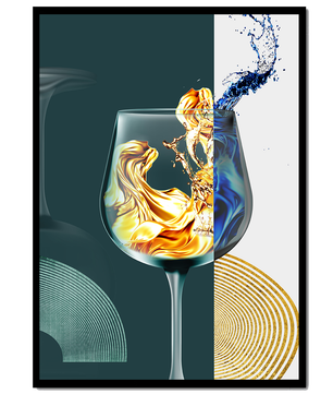 Fusión elegante de líquidos en una copa de vino con elementos dorados y azules
