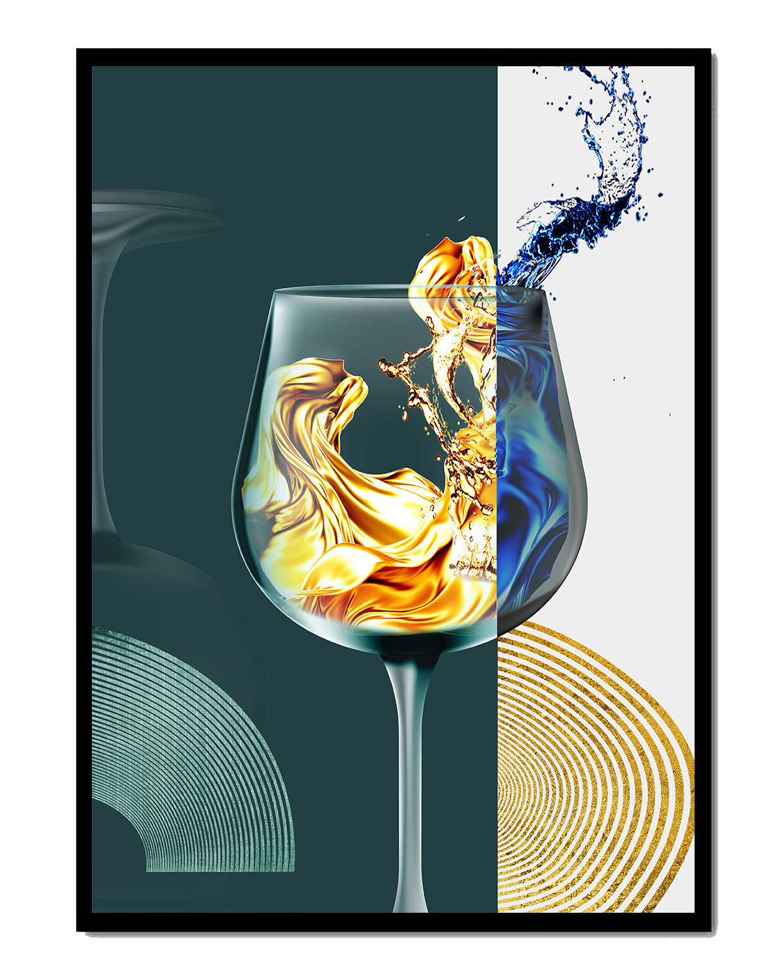Fusión elegante de líquidos en una copa de vino con elementos dorados y azules