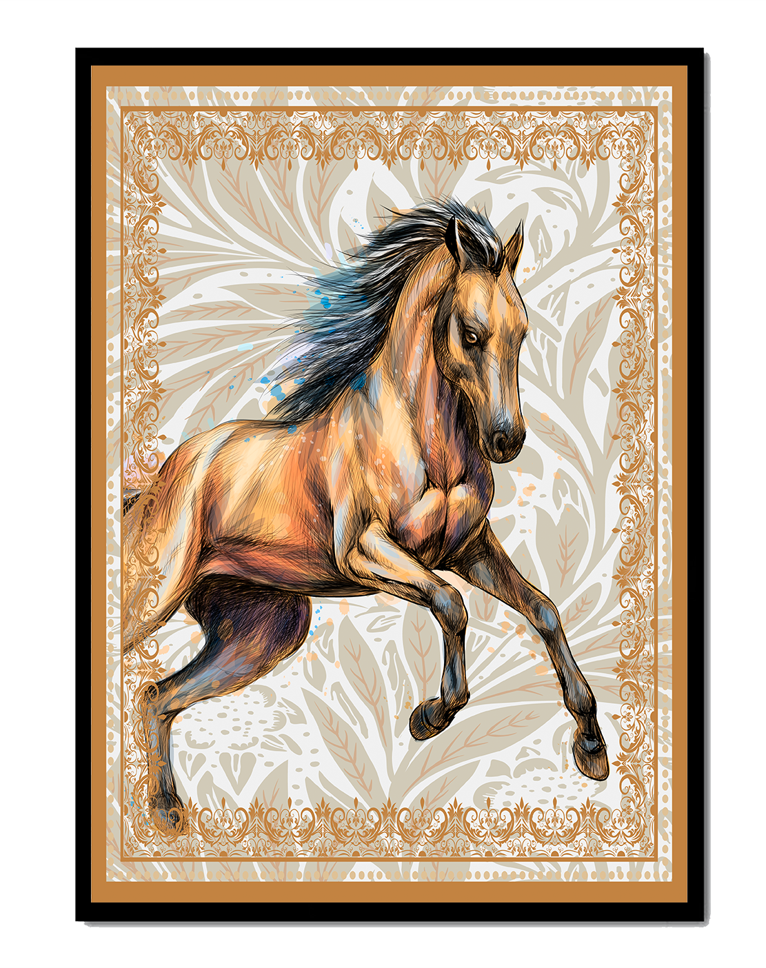 Elegant horse illustration with ornate golden frame