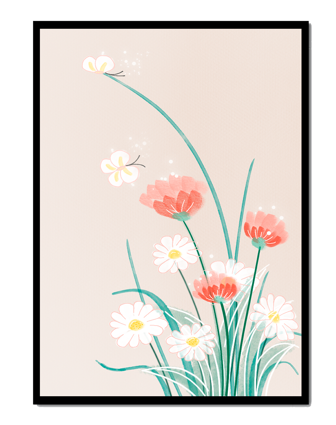 Delicate floral illustration with butterflies and wildflowers