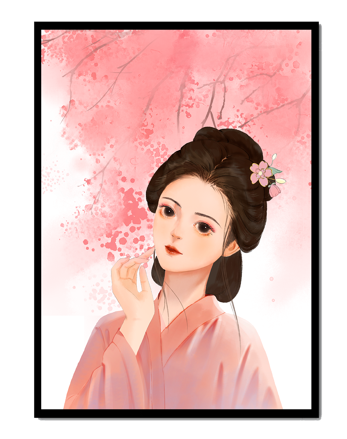 Traditional Japanese woman with pink cherry blossoms in the background