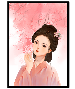 Femme japonaise traditionnelle avec des fleurs de cerisier roses en arrière-plan