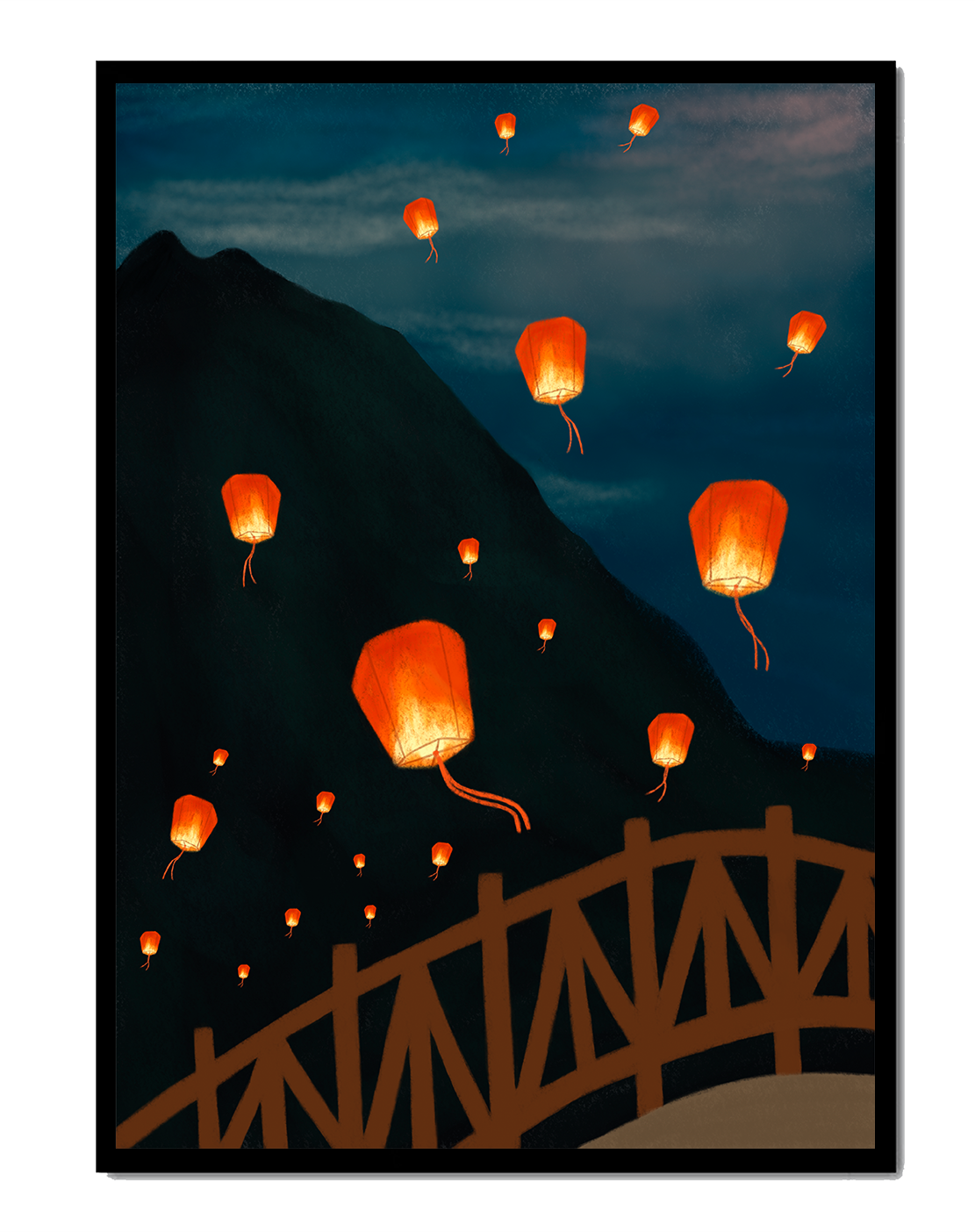 Lanterns floating in the night sky over a mountain landscape