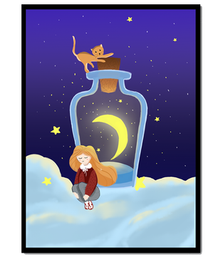 Escena nocturna soñadora con un gato sobre una botella que contiene una luna creciente