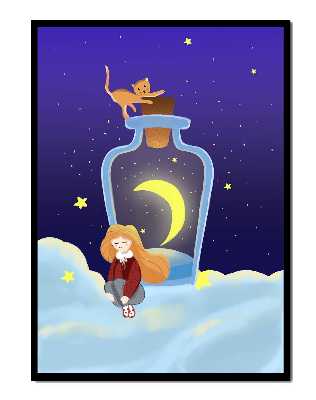 Escena nocturna soñadora con un gato sobre una botella que contiene una luna creciente