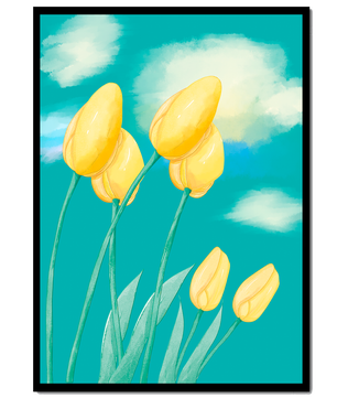 Stylized yellow tulips against a cloudy blue sky background