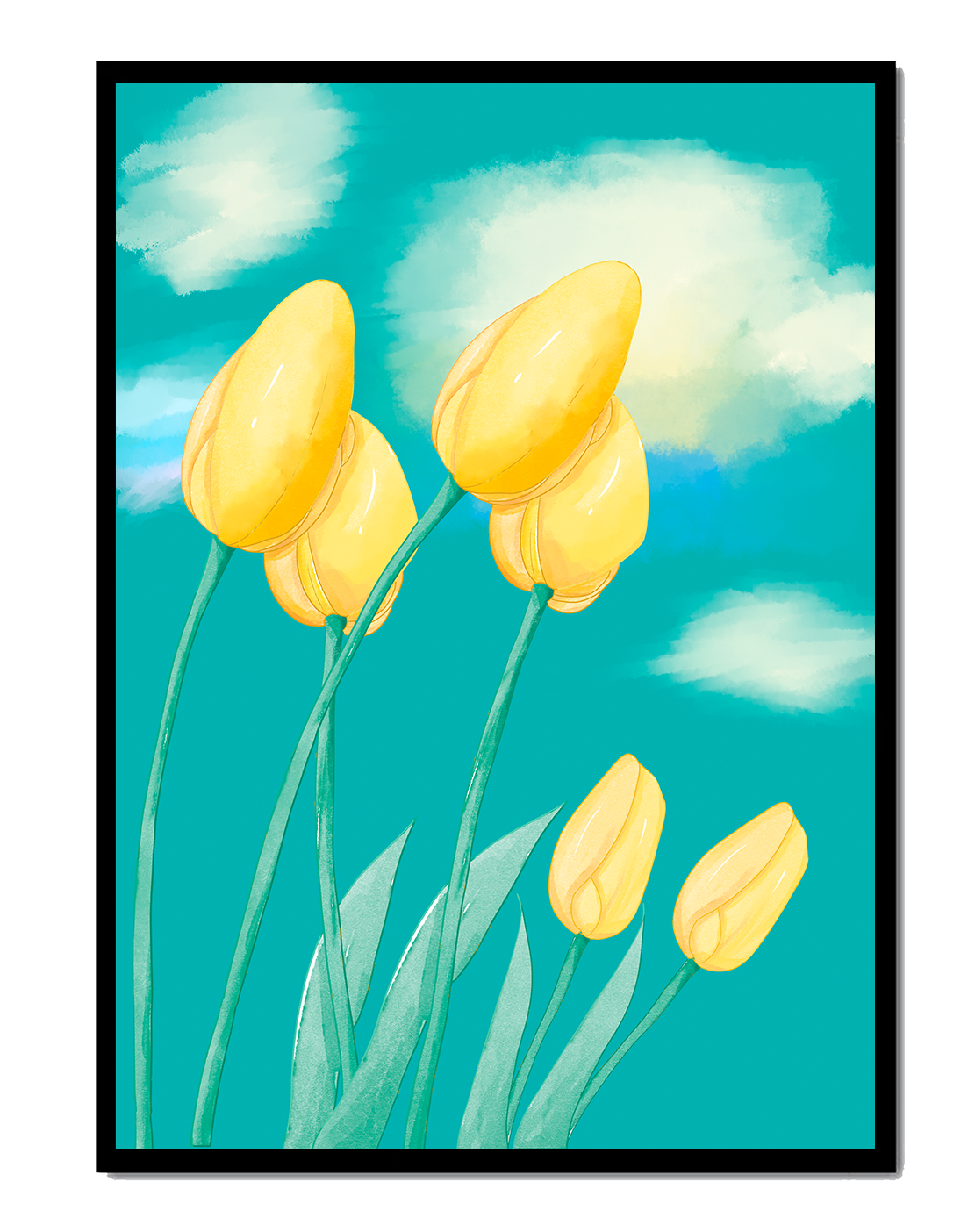 Stylized yellow tulips against a cloudy blue sky background
