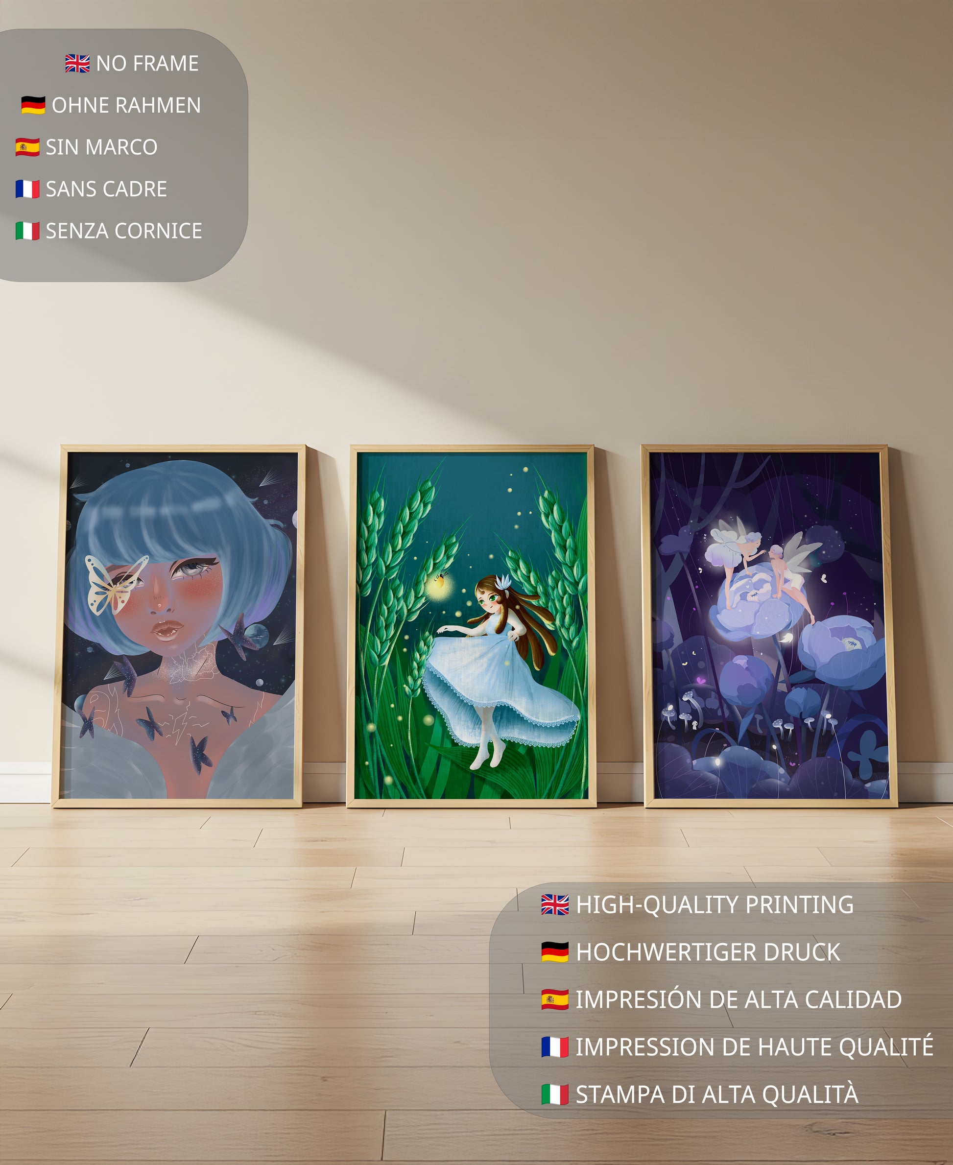 Set aus drei Kunstwerken mit Fantasymotiven
