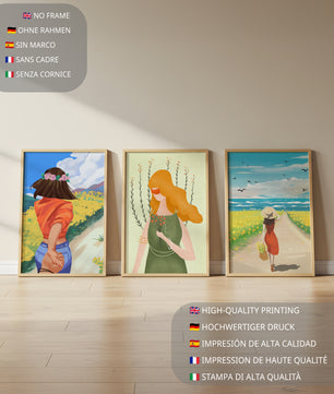 Ensemble de trois illustrations colorées dans des intérieurs modernes