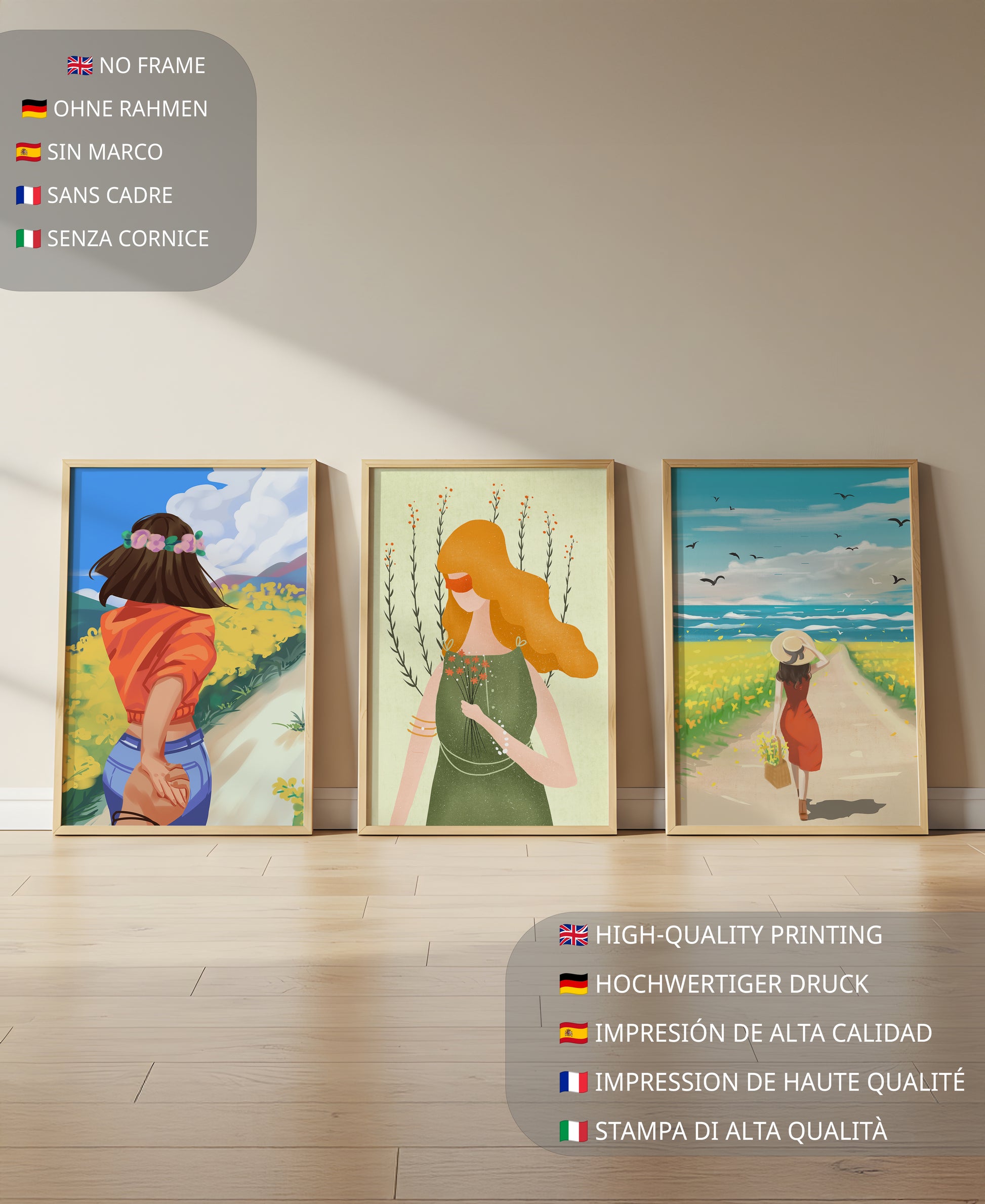 Ensemble de trois illustrations colorées dans des intérieurs modernes