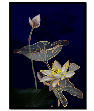 Elegant Lotus Flower with Gold Accents on Deep Blue Background