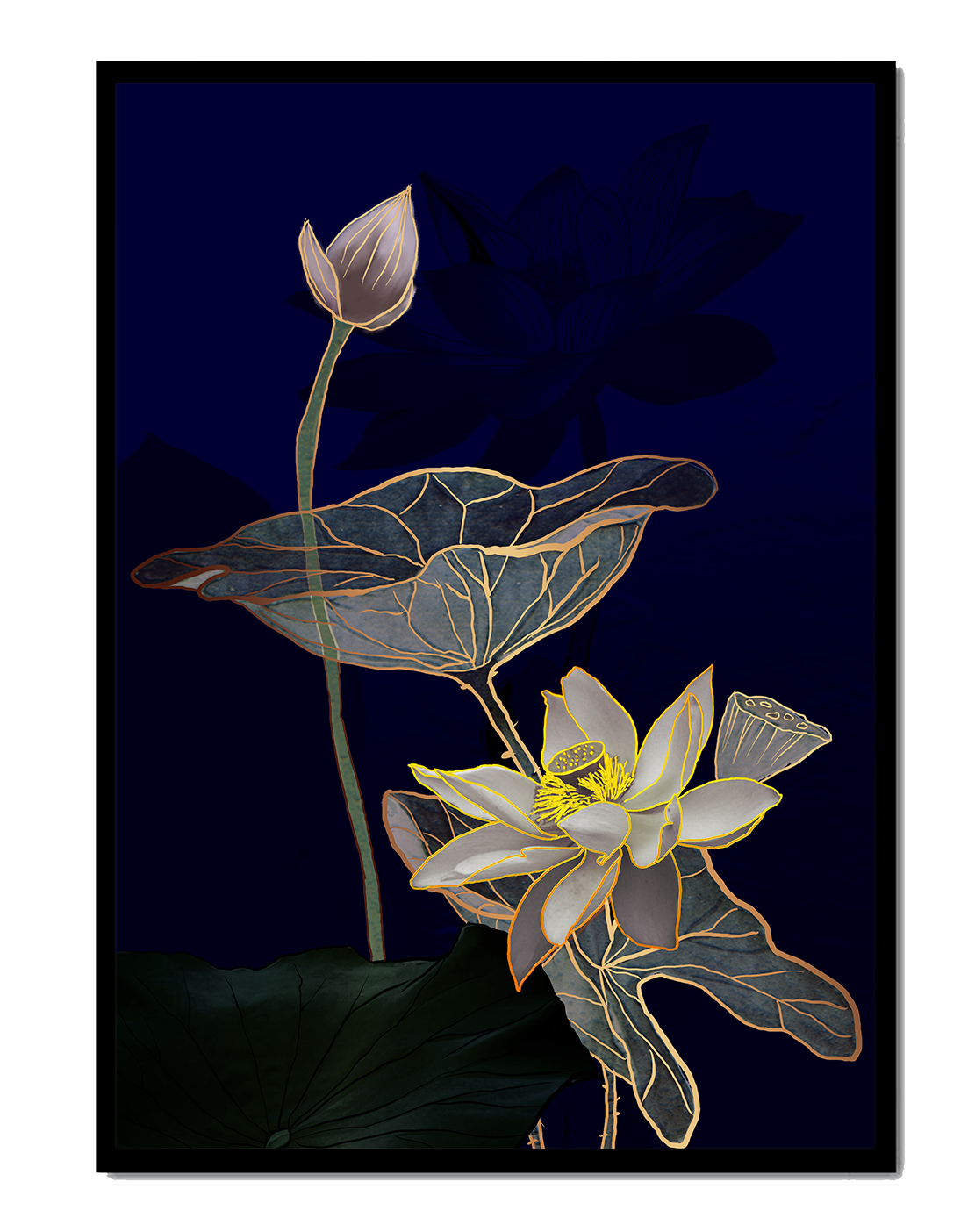Elegant Lotus Flower with Gold Accents on Deep Blue Background