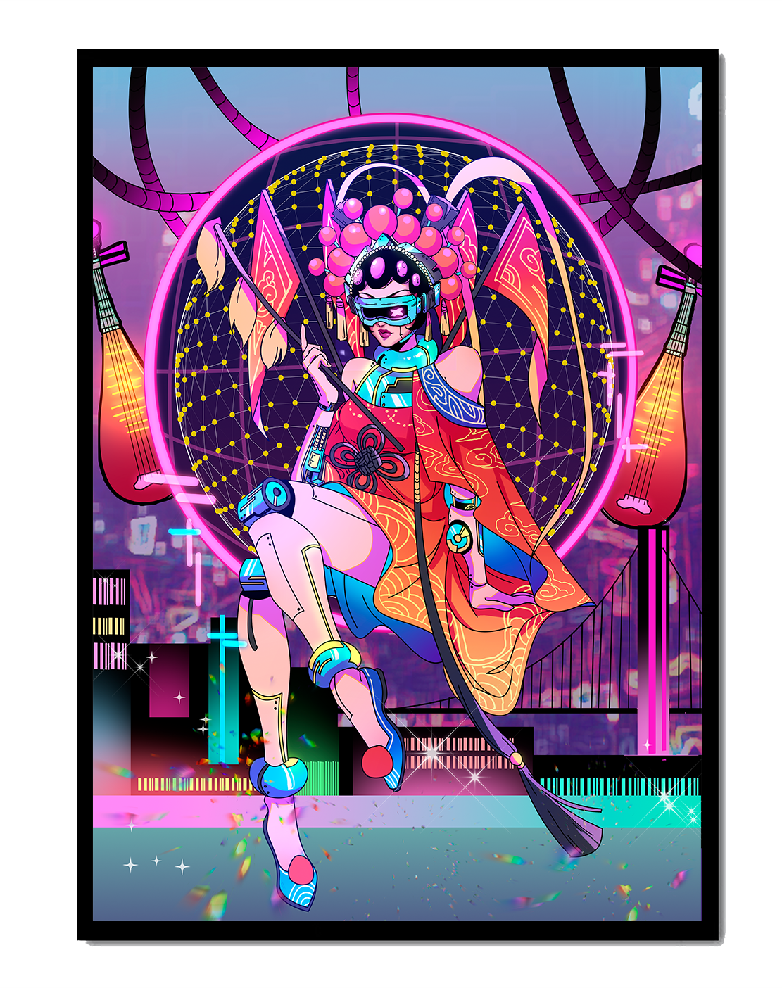 Futuristic geisha with neon lights and traditional elements
