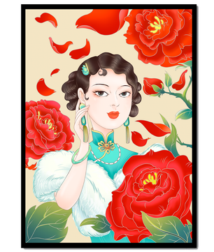 Mujer elegante rodeada de vibrantes flores y pétalos rojos