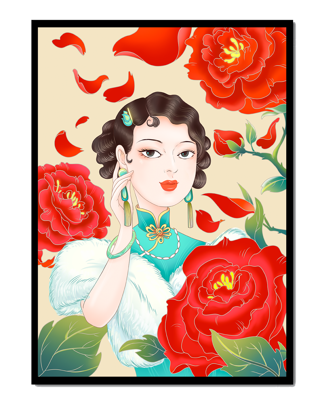 Elegant woman surrounded by vibrant red flowers and petals
