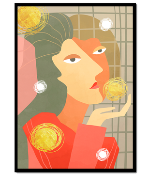 Abstract portrait artwork with geometric forms and gold accents