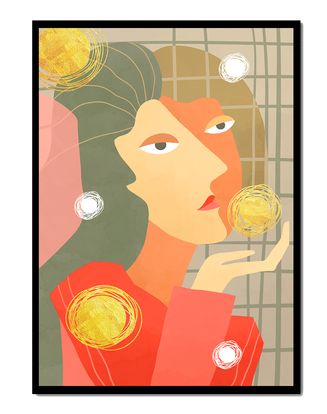 Abstract portrait artwork with geometric forms and gold accents