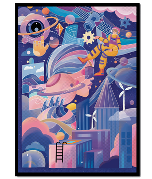 Farbenfrohe futuristische Weltraumillustration mit Astronauten und abstrakten Elementen