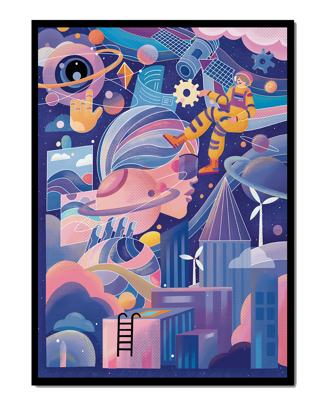 Farbenfrohe futuristische Weltraumillustration mit Astronauten und abstrakten Elementen