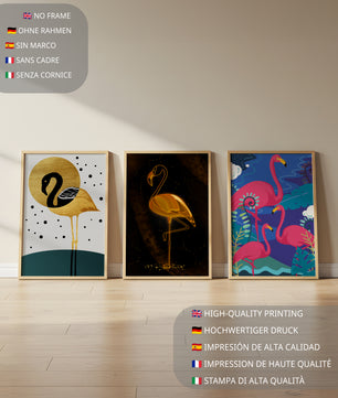 Triptyque de flamants roses avec détails dorés et design moderne