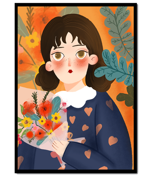 Ilustración encantadora de una chica con flores y corazones