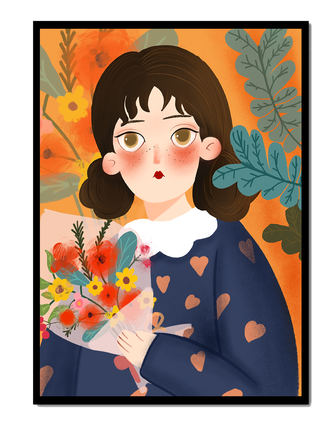 Ilustración encantadora de una chica con flores y corazones