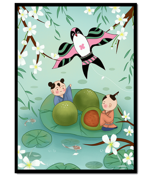 Children Playing on Lotus Leaves with Kite and Cherry Blossoms