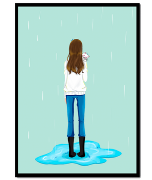 Joven mujer con gato bajo la lluvia