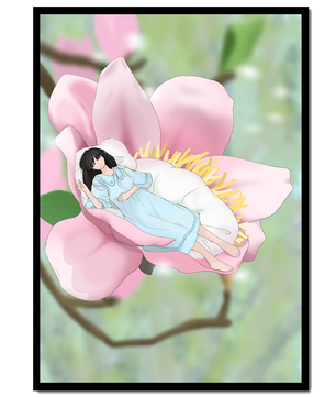 Escena onírica de una mujer durmiendo en una gran flor rosa