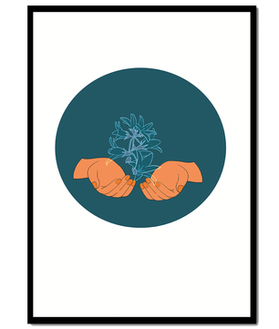 Illustration of Hands Holding a Plant with Teal Background