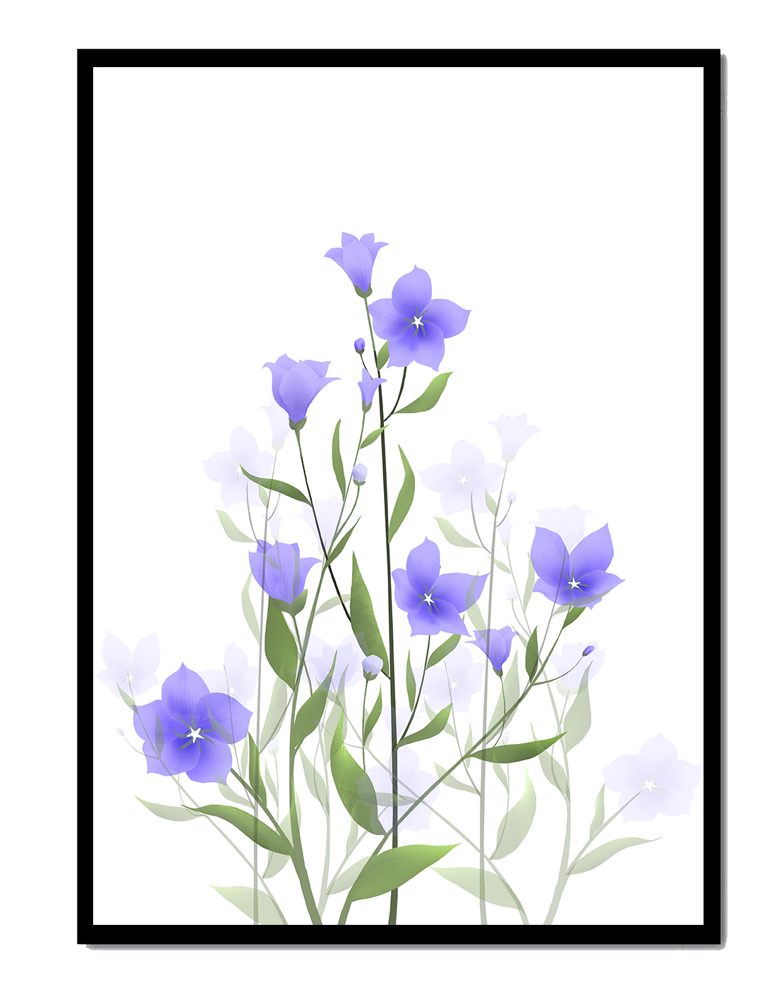Elegant pastel blue flowers with green leaves on a white background