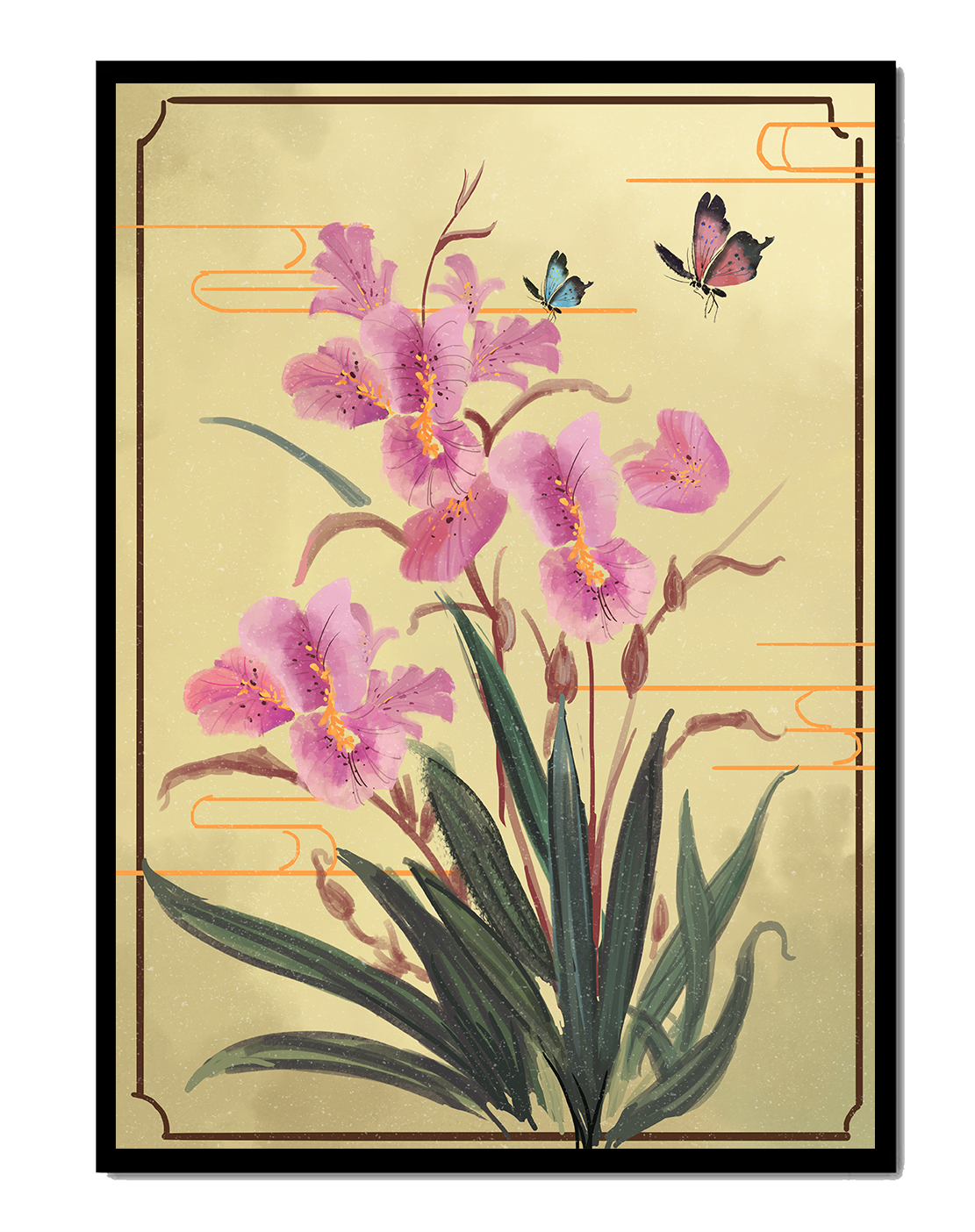 Elegant Floral Composition with Butterflies and Ornamental Background