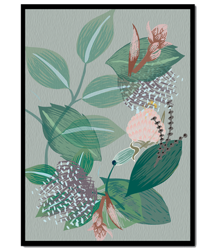 Floral botanical pattern with green leaves and delicate flowers