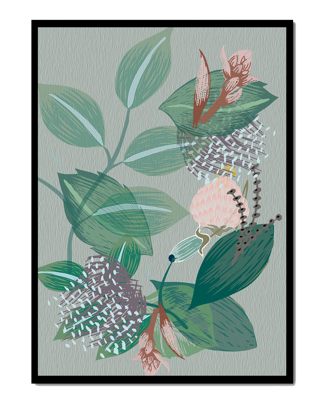 Floral botanical pattern with green leaves and delicate flowers