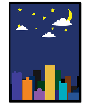 Night cityscape with colorful buildings and starry sky