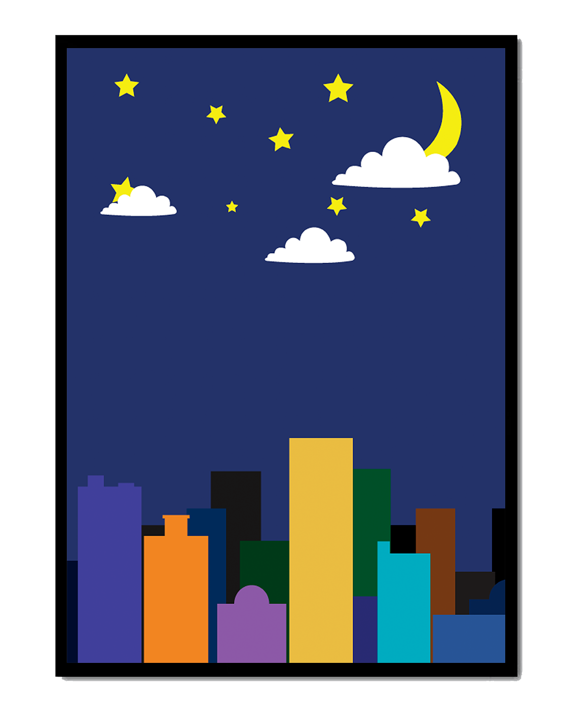 Night cityscape with colorful buildings and starry sky