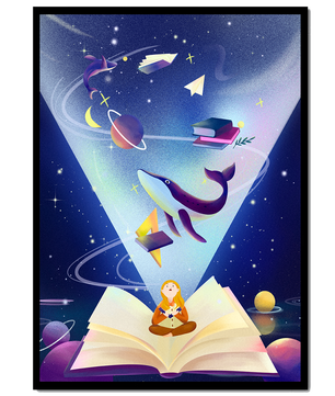 Imaginative galaxy scene with books and a child