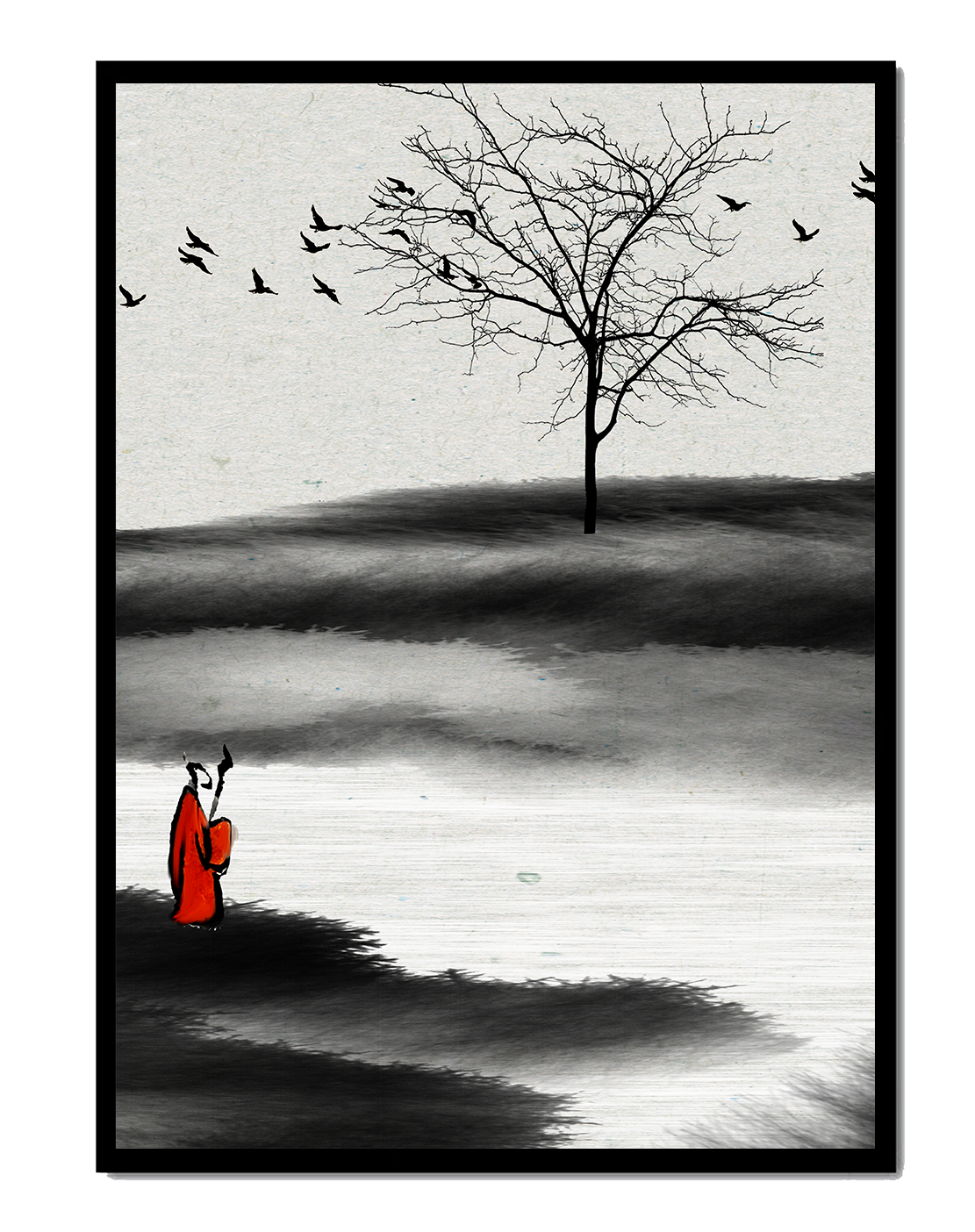 Contemplative Monk with Birds and Bare Tree in Serene Landscape