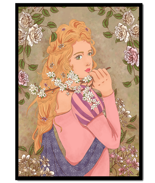 Ilustración floral romántica de una mujer con cabello largo y flores en flor