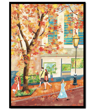 Herbstliche Stadtszene mit bunten Blättern und Menschen beim Spaziergang