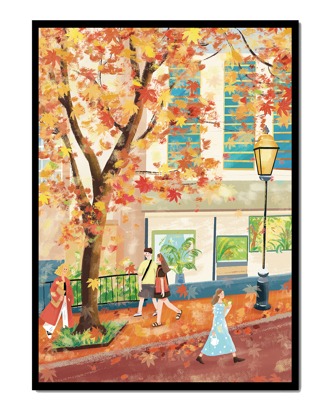 Calle de la ciudad en otoño con hojas coloridas y personas caminando