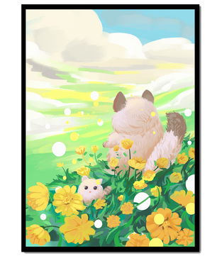 Whimsical Scene of Fluffy Cat and Kitten Among Yellow Flowers