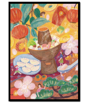 Ilustración del festival de comida asiática colorida con linternas y flores