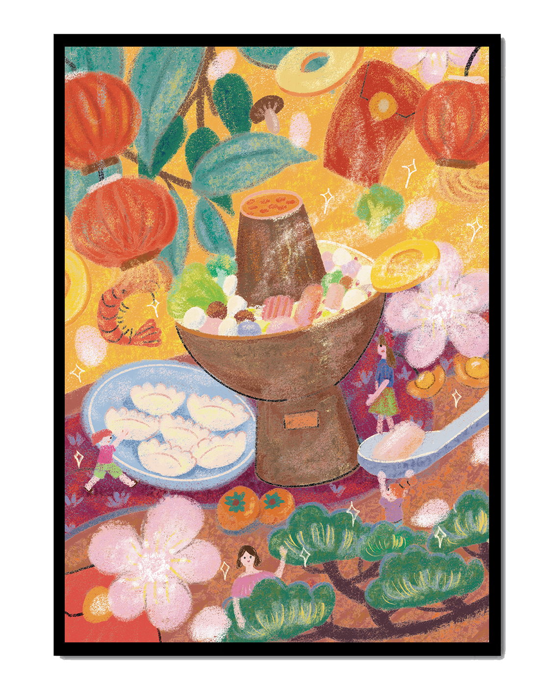 Ilustración del festival de comida asiática colorida con linternas y flores
