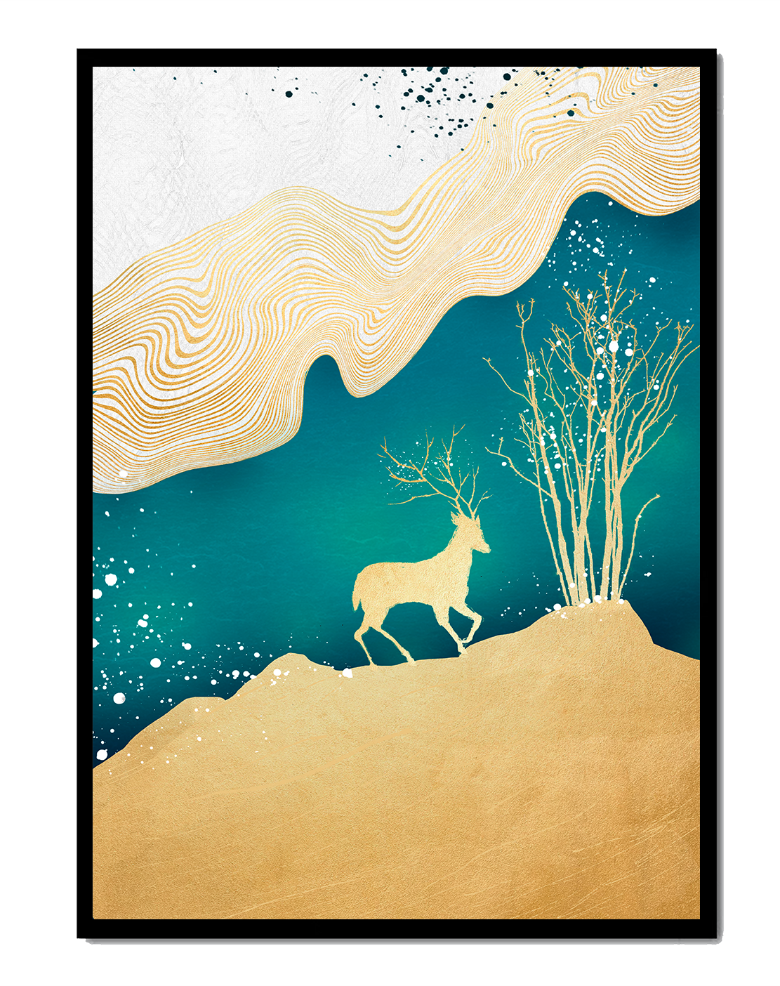 Elegante arte abstracto con ciervos dorados y temática de naturaleza.