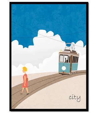 Urban scene with tram and pedestrian under a blue sky