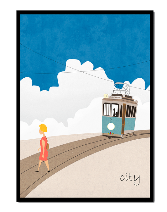 Urban scene with tram and pedestrian under a blue sky