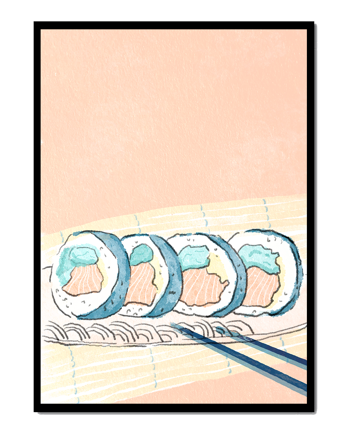 Colorful sushi rolls with chopsticks on pastel background