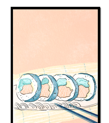 Colorful sushi rolls with chopsticks on pastel background