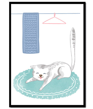 Cute stretching cat on a cozy rug in a soft pastel illustration - Mi tienda